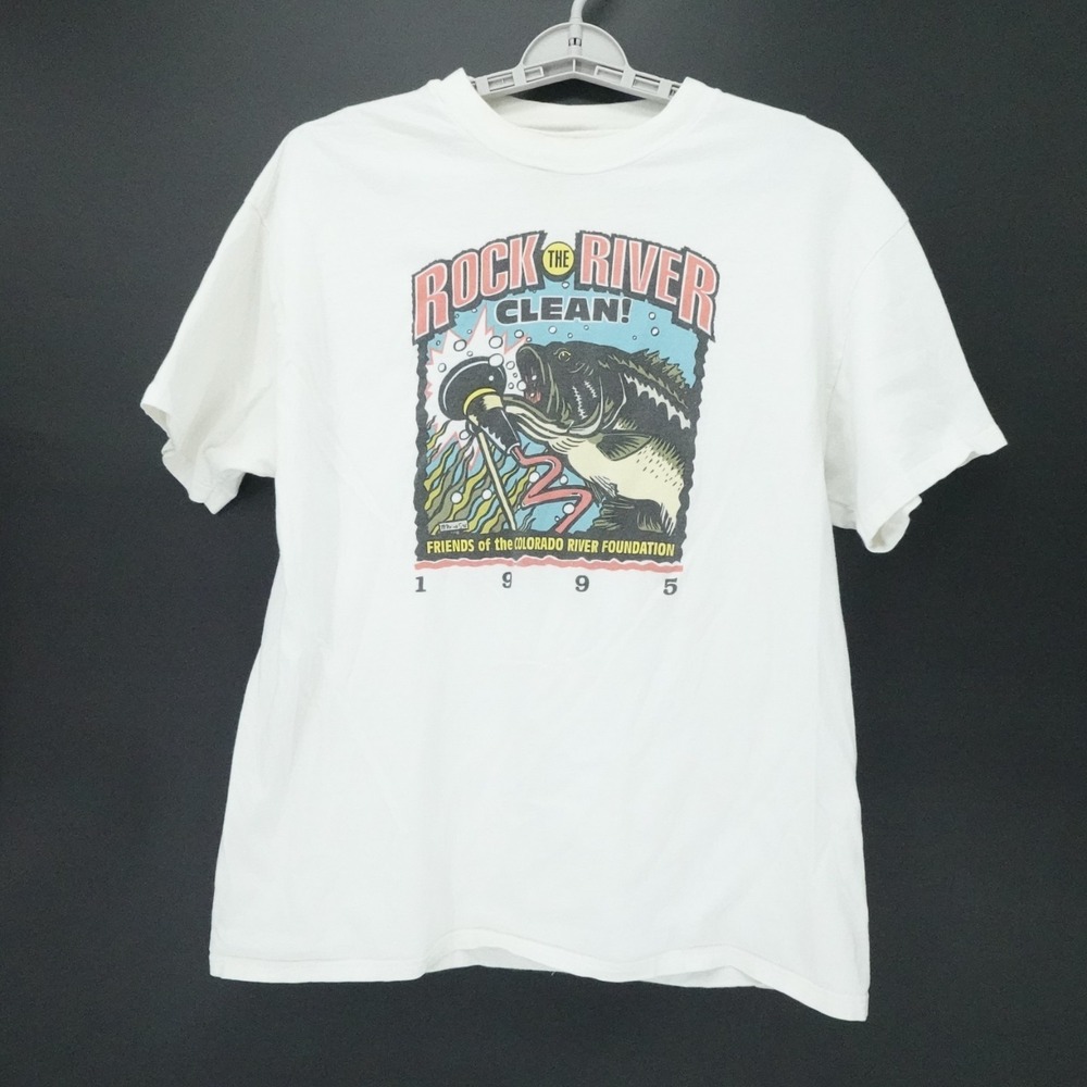 Vintage T Shirt Adult XL White Rock the River Clean 1995 Fishing Single Stitch